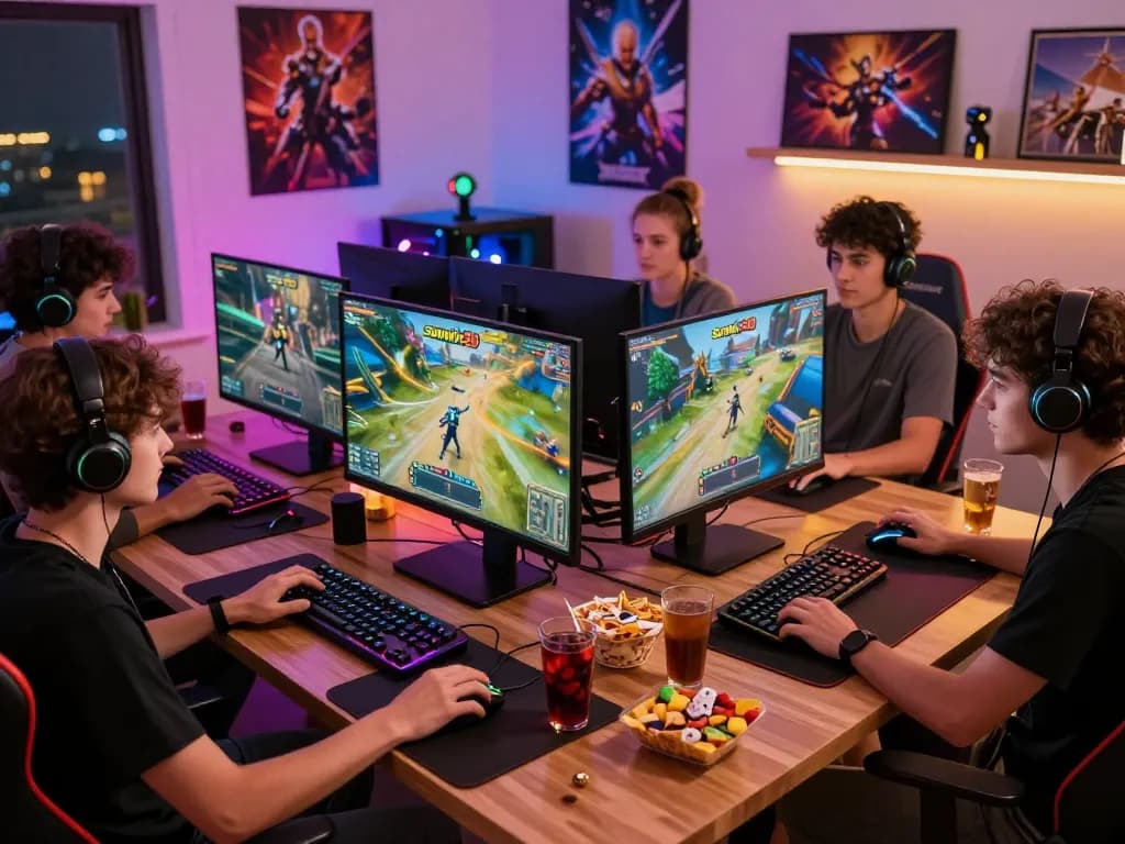 Friends enjoying a multiplayer session on sunwin20 in a vibrant gaming room.