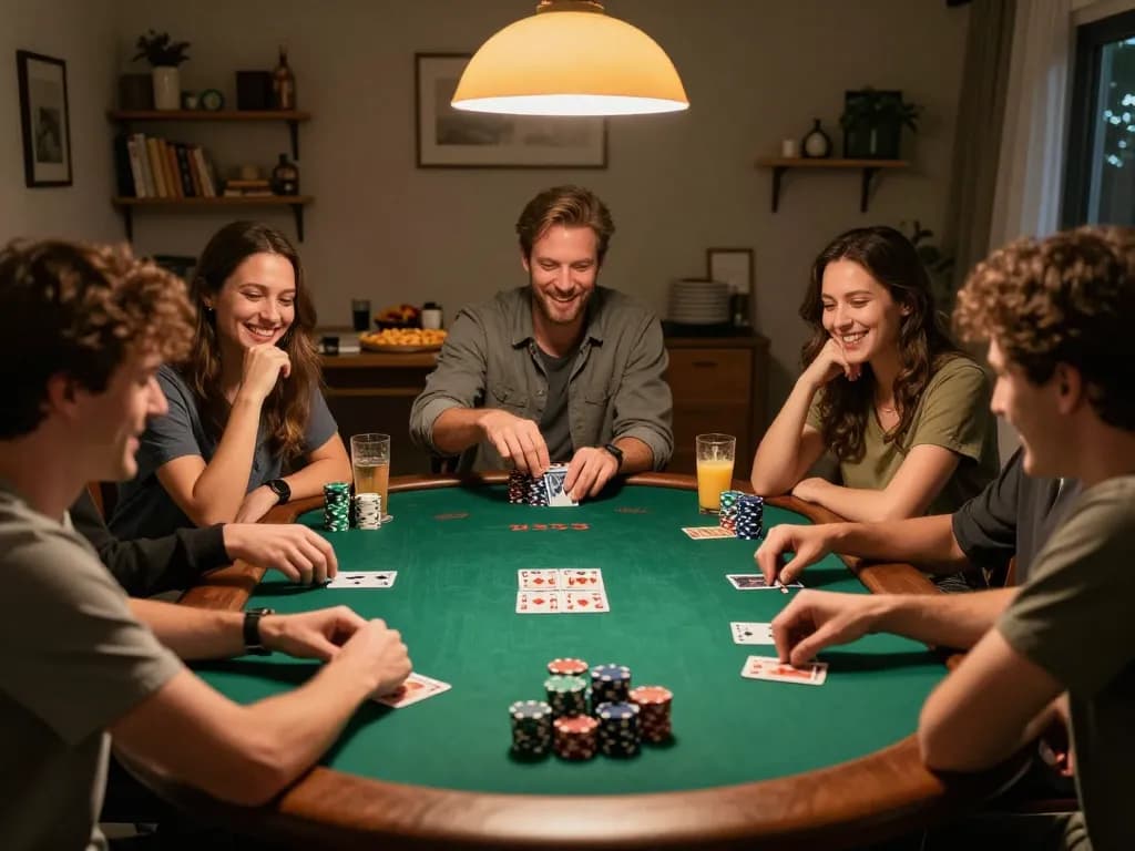 Friends enjoying a home poker night while observing soi kèo odds and strategies for better gameplay.