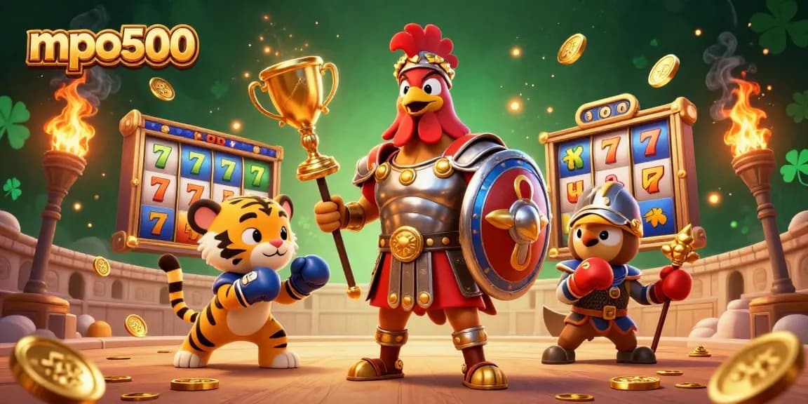 MPO500 features a vibrant, dynamic 3D cartoon illustration showcasing a gladiator rooster, tiger cub, and eagle in a thrilling casino-themed backdrop.