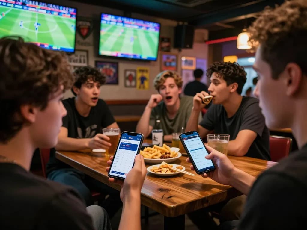 Engaged sports bettor using THỂ THAO ONE88 betting app in a lively sports bar atmosphere