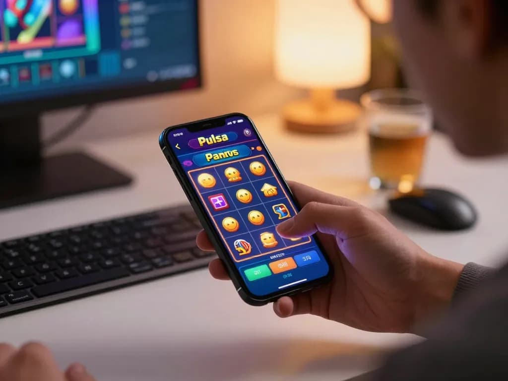 Engaging gameplay on slot pulsa game interface with smartphone in modern workspace.
