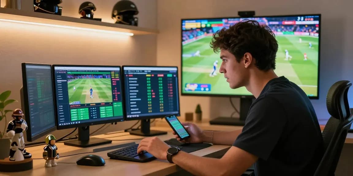 Excited user interacting with Fairplay24 online betting platform, analyzing cricket match statistics in a modern home office.