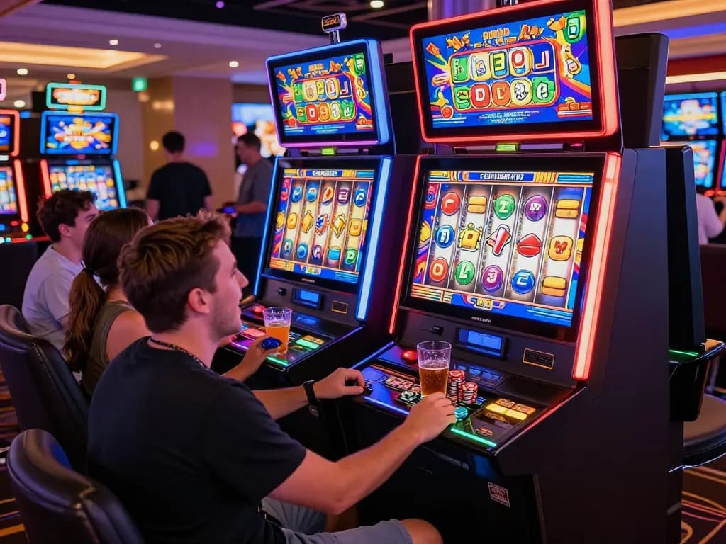 Excited players enjoying a link slot machine in a vibrant casino.