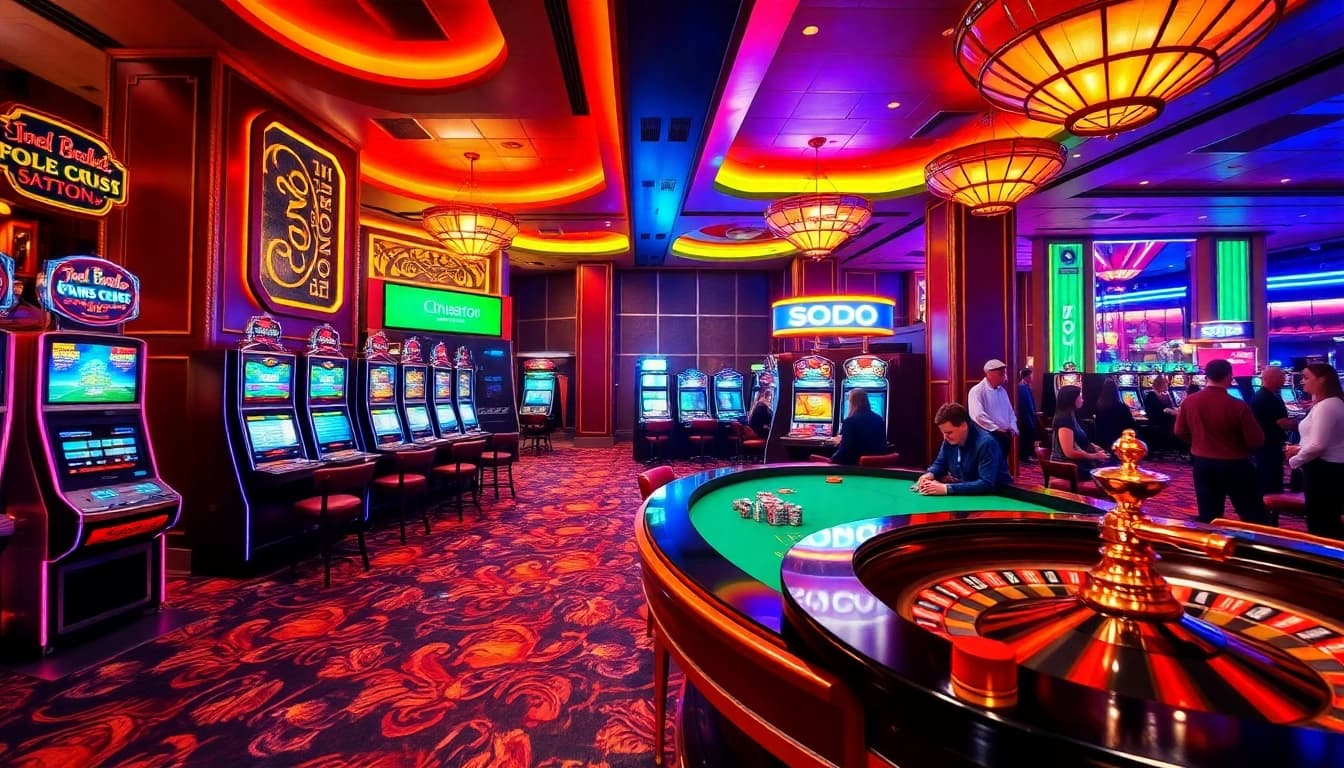 SODO casino scene with vibrant slot machines and strategic poker players on a polished table