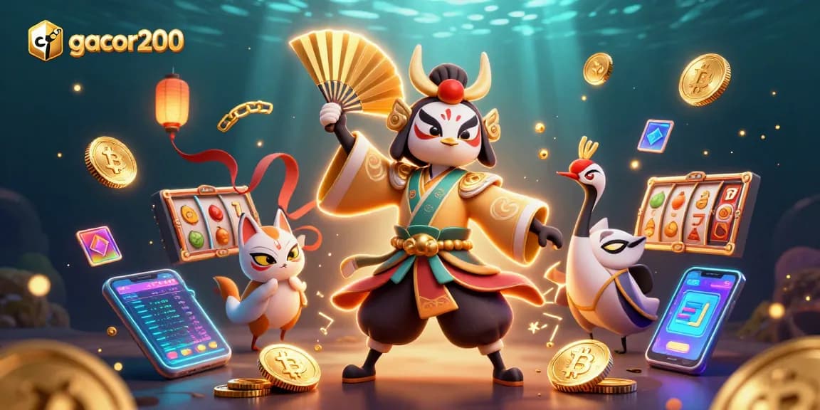 Engage with gacor200's vibrant gaming world featuring kabuki warriors and crypto coins.