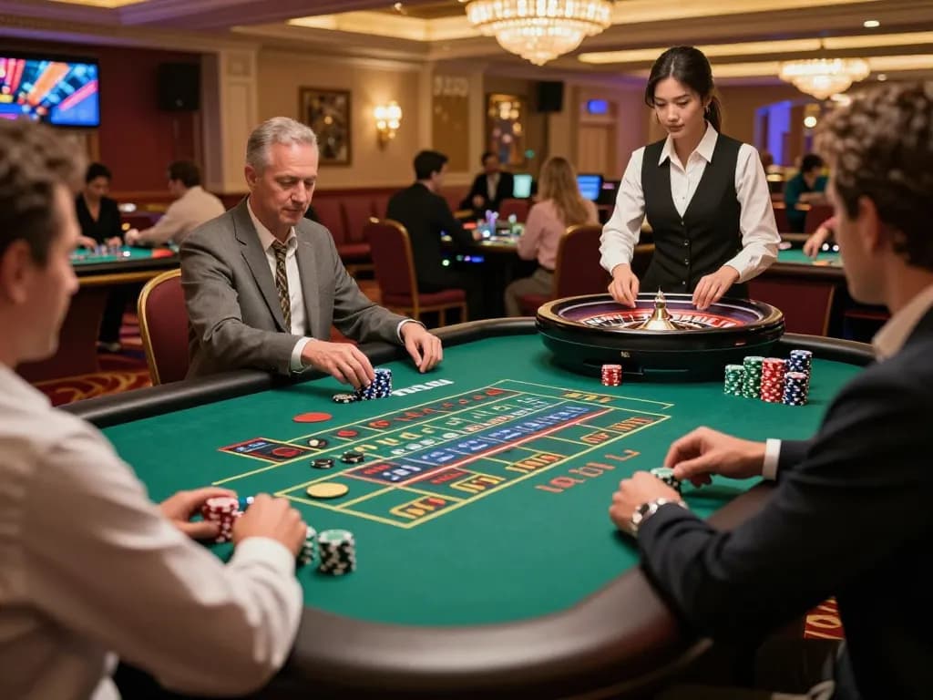 Tỷ lệ kèo nhà cái 5 displayed on a roulette table surrounded by players placing bets in an upscale casino atmosphere.