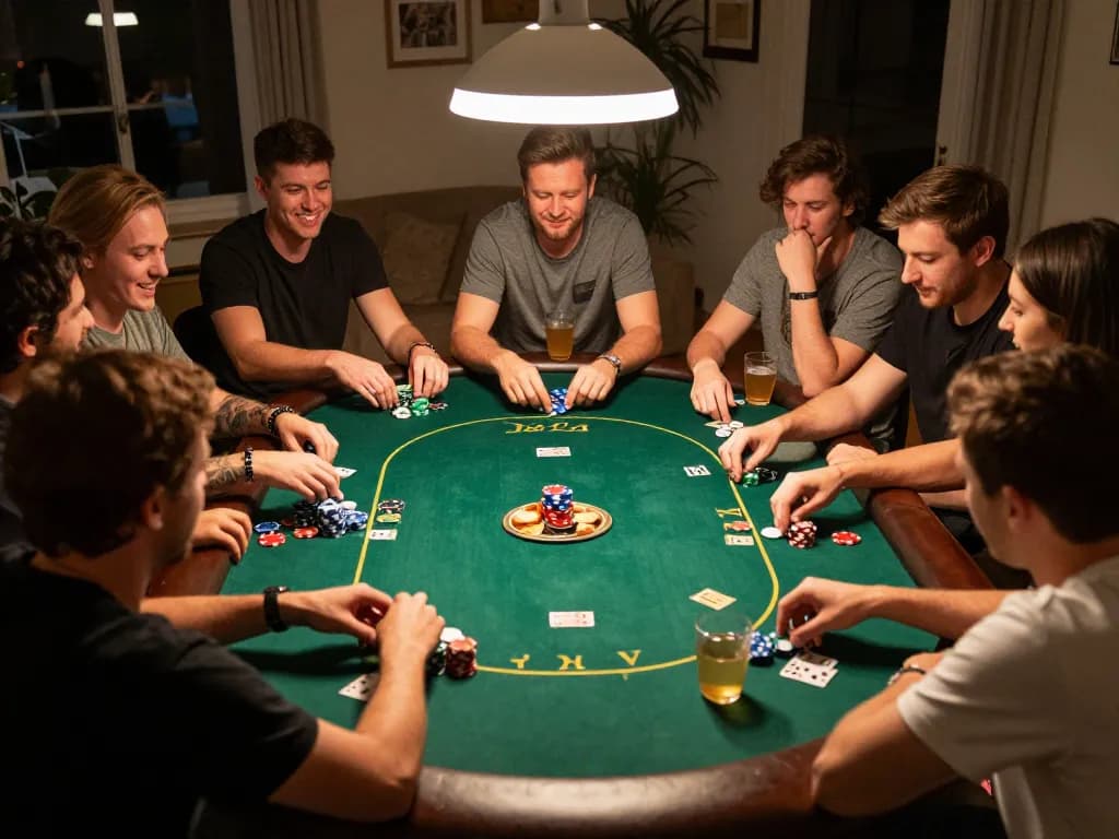 Friends engaged in a poker game at home, showcasing the excitement of playing 45678 with chips and cards.