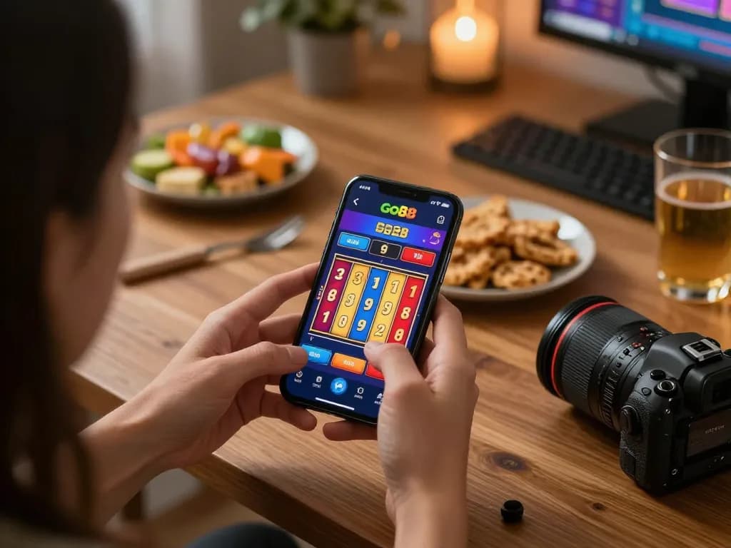 Engaging with the Go88 casino app while playing colorful slots on a smartphone in a cozy home setting.