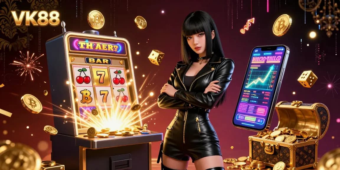 Engage with the VK88 gaming experience featuring a powerful Asian woman amidst vibrant slot machine excitement.