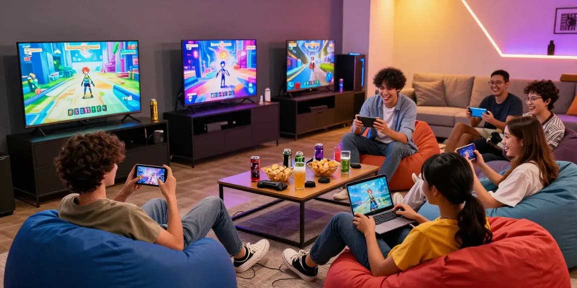 Players engaging with hentai games in a vibrant gaming lounge atmosphere.