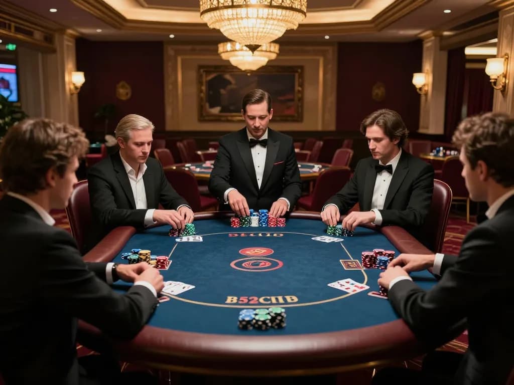 B52club poker players engage in an intense game inside an upscale casino room.