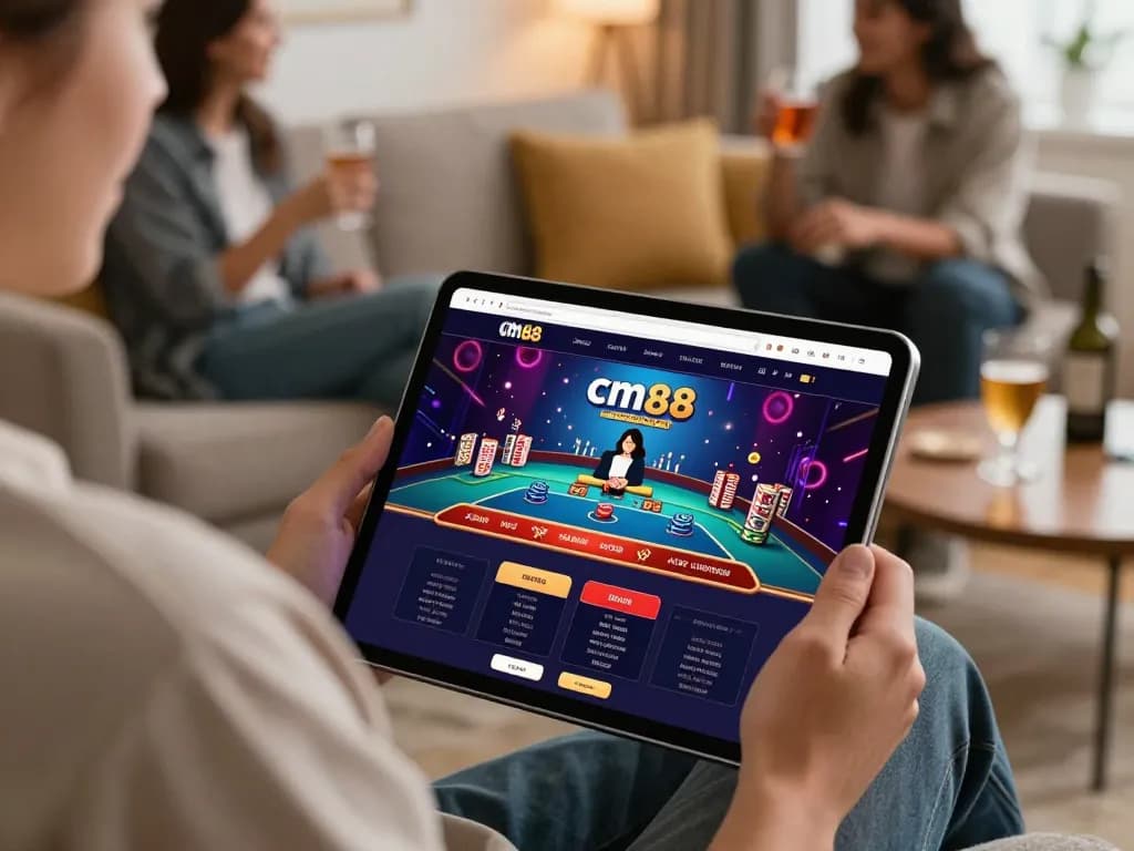 Player enjoying cm88 online casino game on tablet in cozy living room.