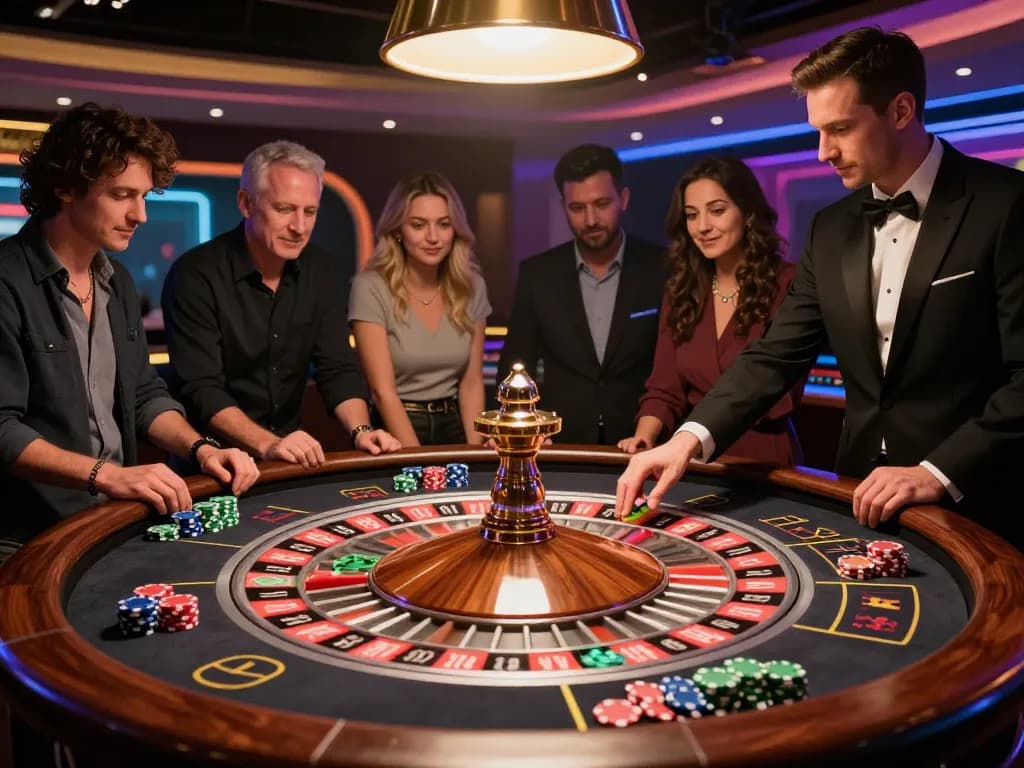 Witness the thrill of n188vip's roulette table gameplay with spinning wheel and excited players.