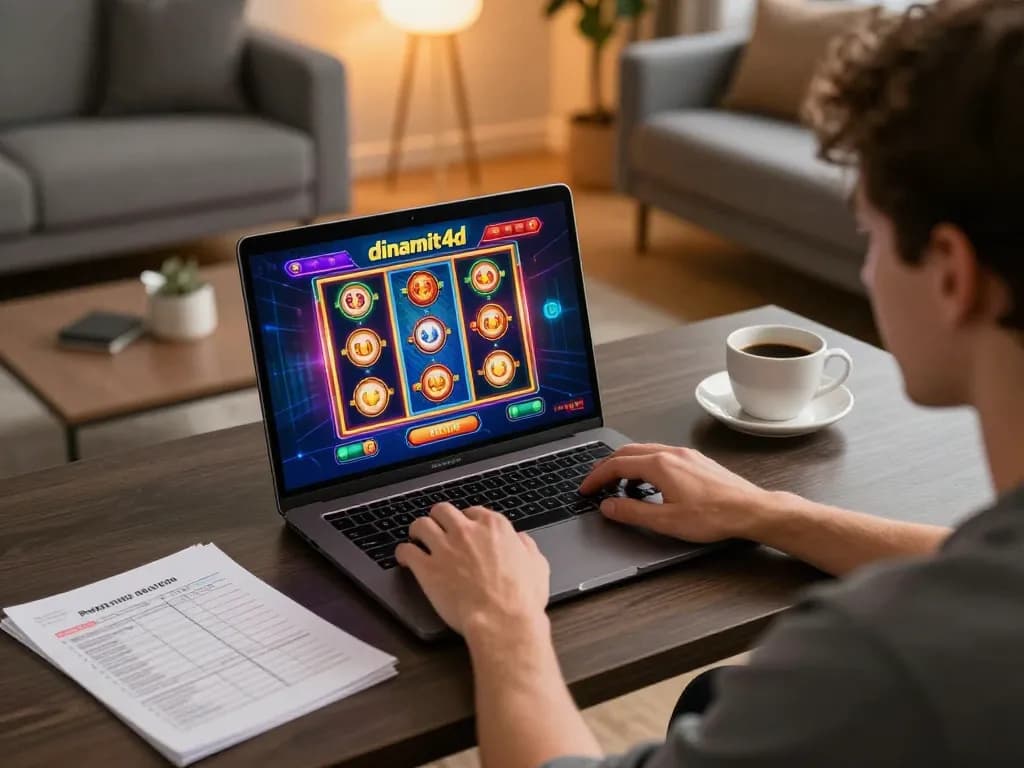 Engaging in online gambling on dinamit4d platform from a cozy home environment with vibrant visuals