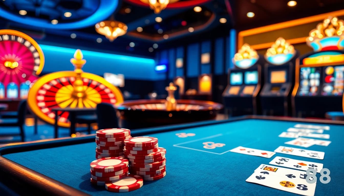 DH88 poker table with vibrant chips and roulette wheel, showcasing online gambling excitement.