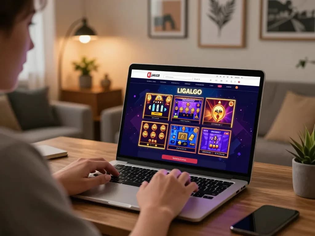 LIGALGO online gaming experience with player engaging joyfully on tablet showcasing slots interface in cozy home environment.