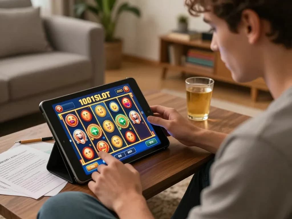Player enjoying 1001SLOT online slots on tablet with strategic notes in cozy home.