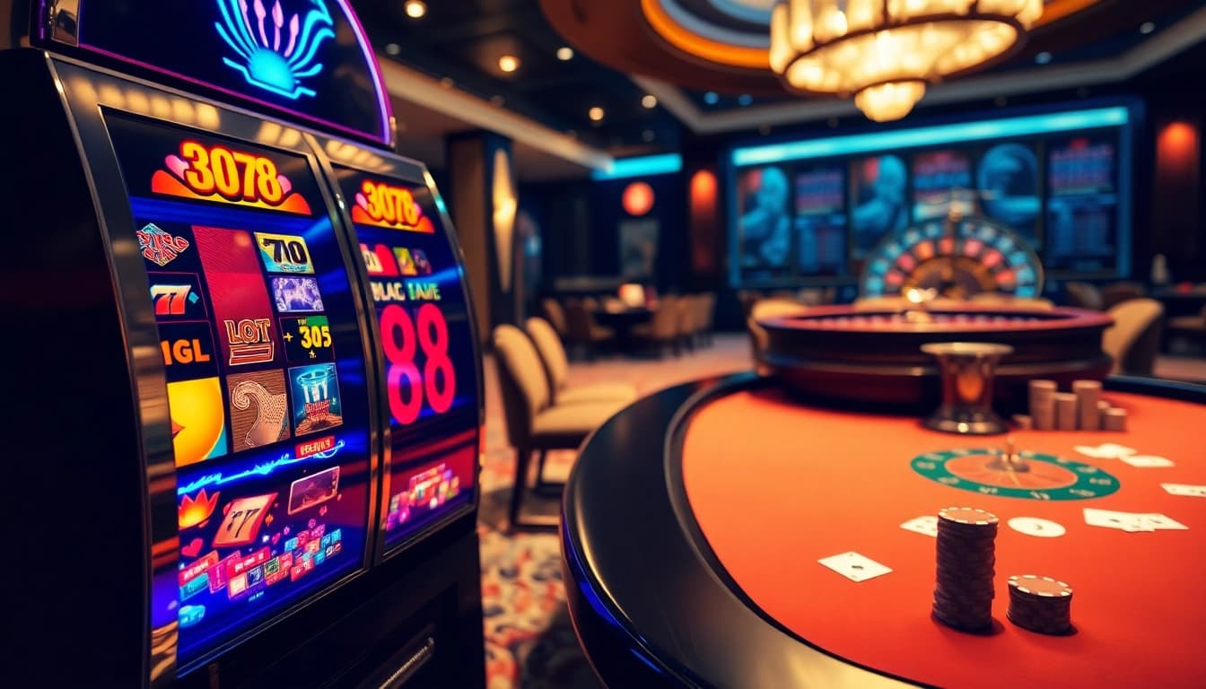 Engage with the vibrant slot88 machine at a high-stakes casino, surrounded by poker chips and cards.