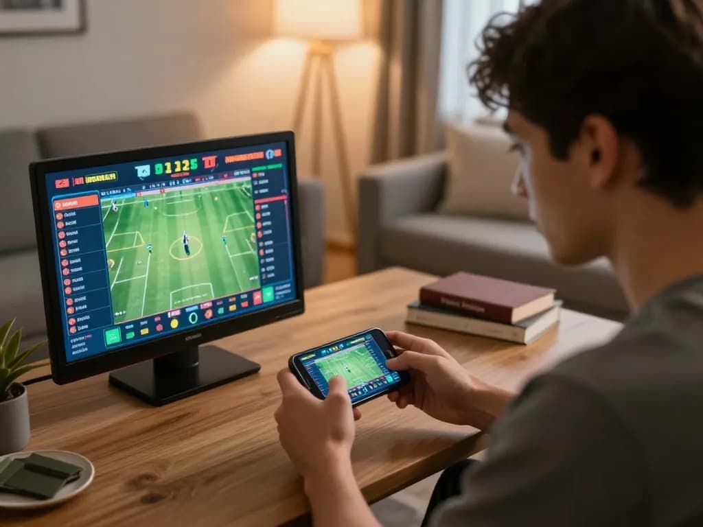 KP88 user engaging in strategic sports betting on smartphone, surrounded by a cozy home setting.