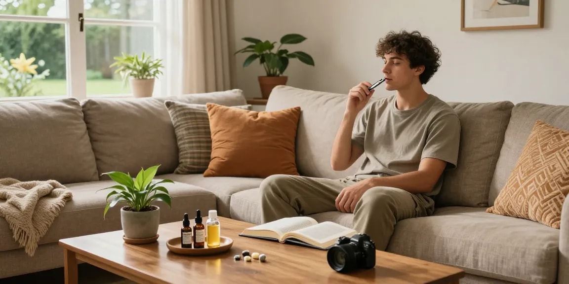 The legal age to vape in Cyprus noted while a young man enjoys natural CBD oil and vape device in a cozy living room, emphasizing wellness and responsible vaping.