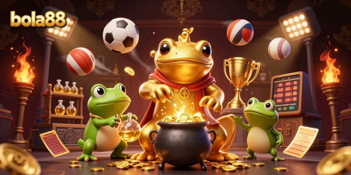 Bola88 transforms games with a vibrant 3D illustration showcasing alchemy and sports betting elements.
