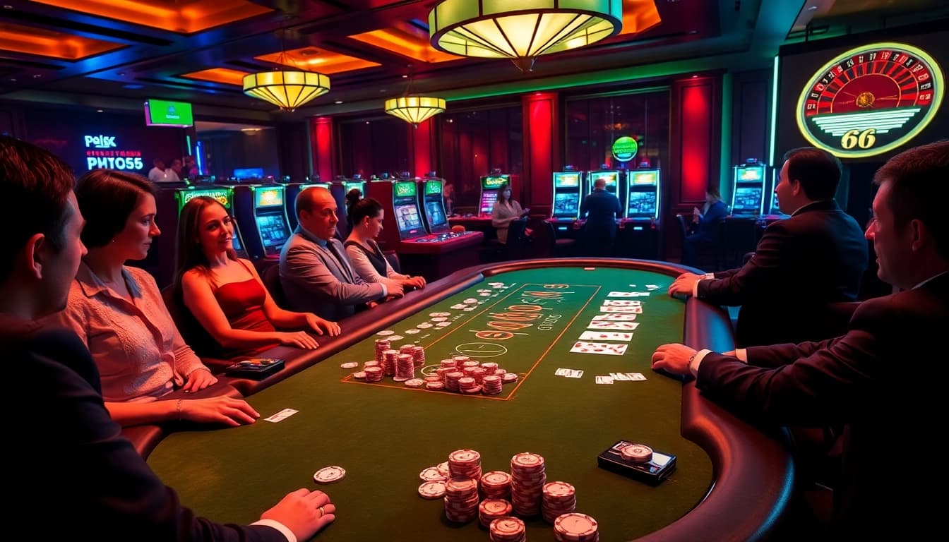 SODO66 players engaging at a vibrant casino table with chips and cards, showcasing excitement.