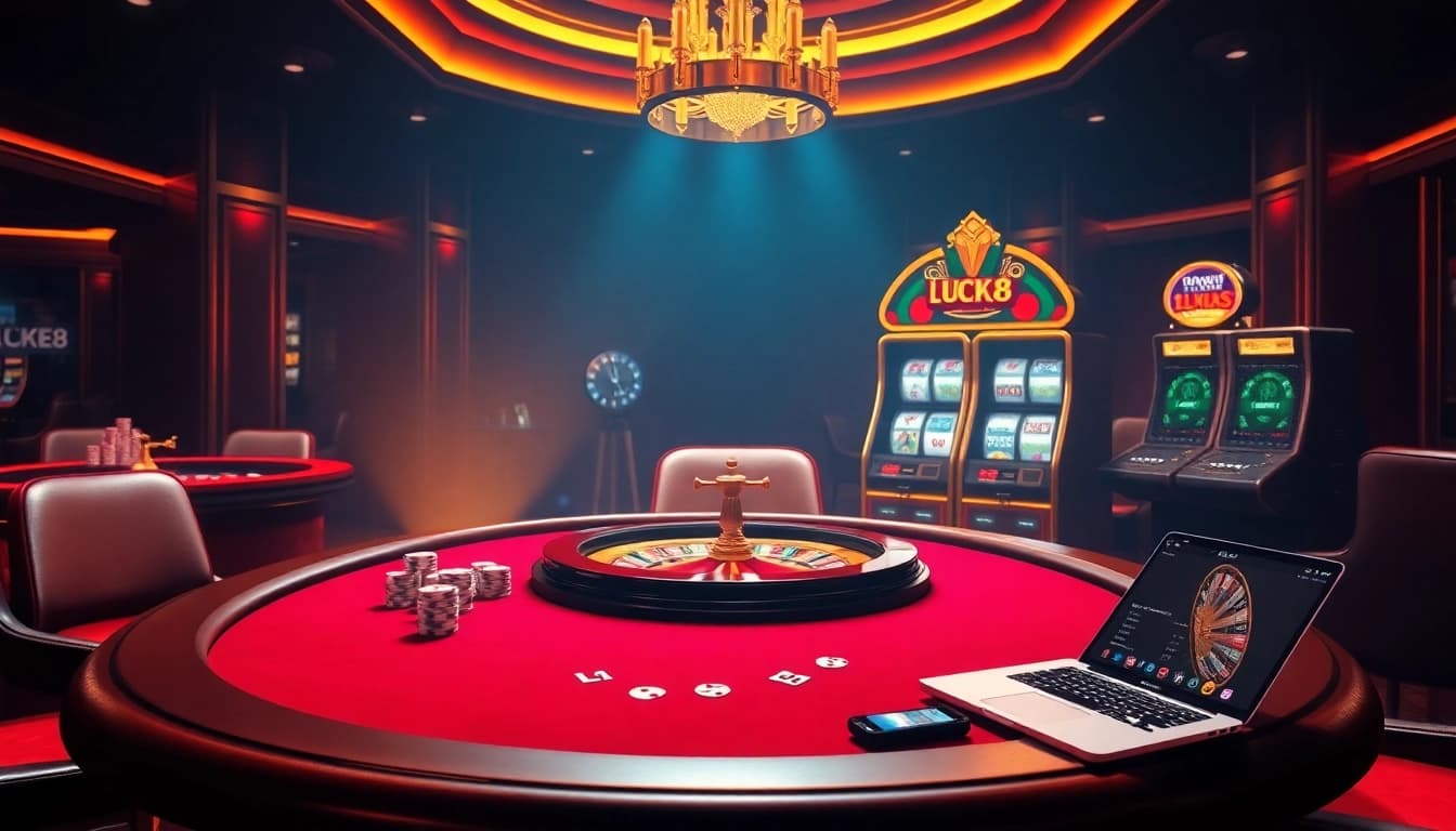 LUCK8 online casino environment showcasing poker chips, roulette wheel, and user-friendly interface.