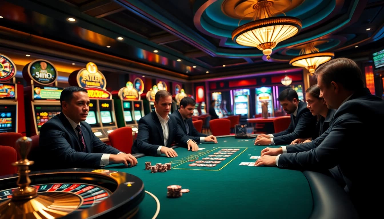 SODO casino players engaged in a high-stakes poker game, showcasing vibrant gambling action.