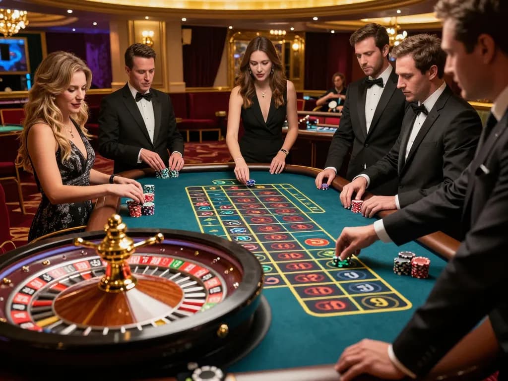 Experience the excitement of kdslot gameplay with players eager at the roulette table.
