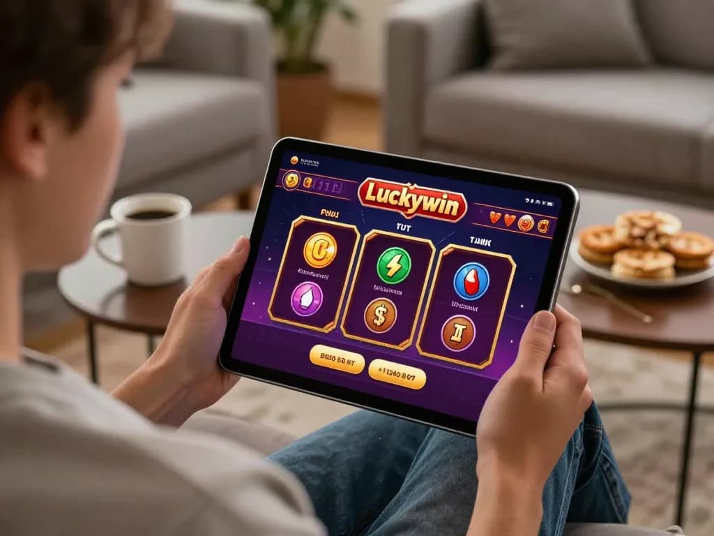 Engaged player using the Luckywin app on tablet, demonstrating online gambling strategy.