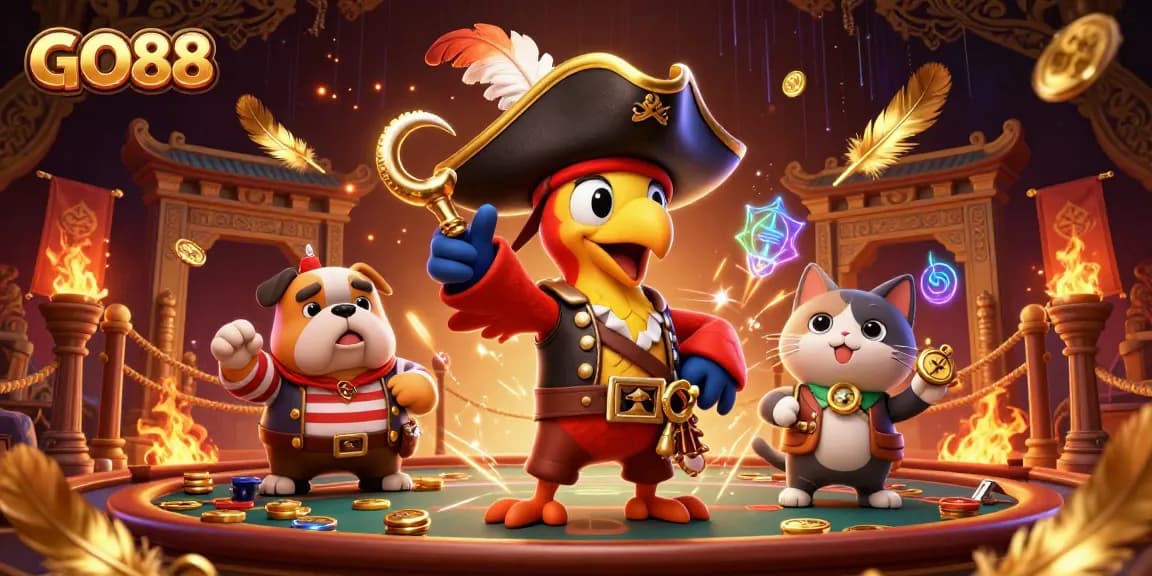 GO88 casino scene featuring a pirate captain parrot and crew amidst gold coins and vibrant energy.