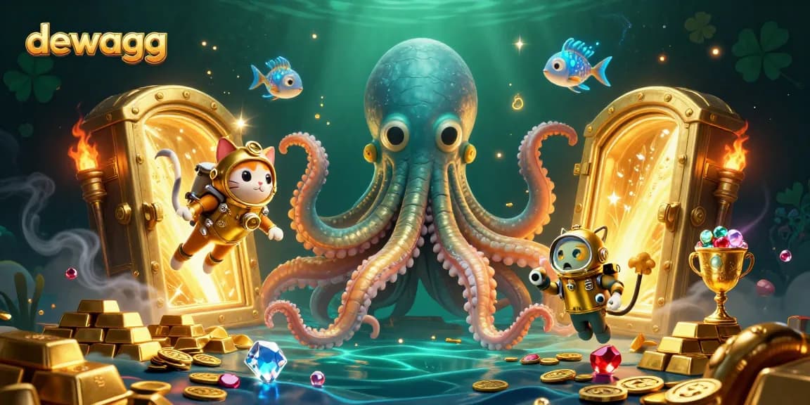 Dewagg dives into thrilling gaming with a kraken and a diving cat in a treasure-filled casino.