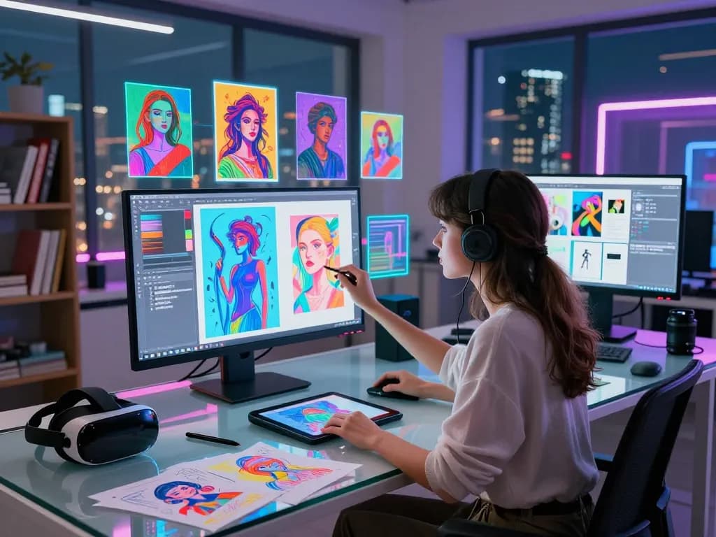 Creative process of using ai nsfw image generator in a modern workspace with vibrant artistic outputs.