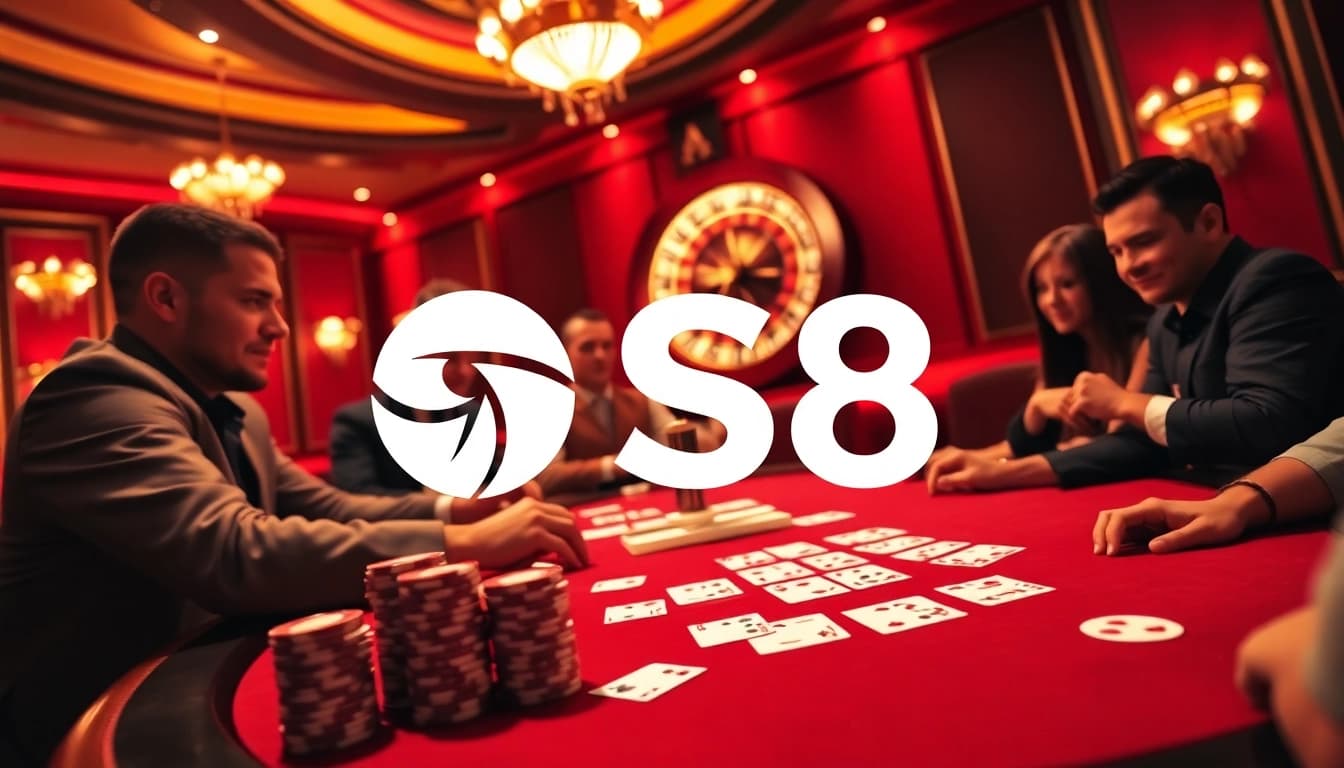 Players engaging at a luxurious S8 casino poker table, surrounded by vibrant lights and chips.