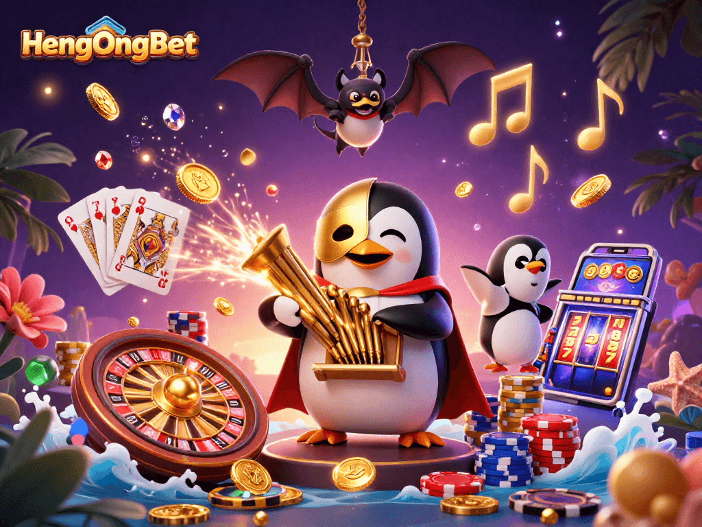 Experience the fun at HengOngBet with a 3D phantom opera penguin and golden casino elements.