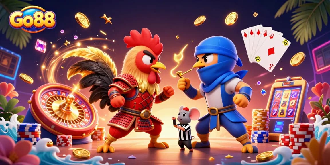 Engage with Go88's thrilling gaming experience featuring dynamic rooster warriors in a vibrant casino battle.