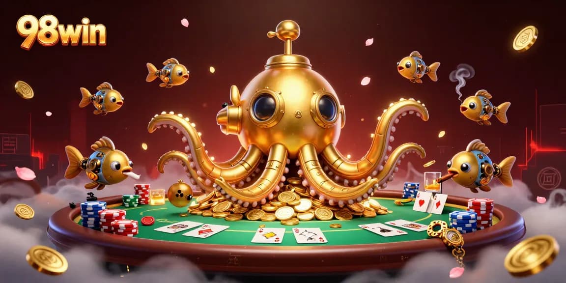 Join the adventure with 98win as the golden kraken submarine explores a sea of winnings in this vibrant casino scene.