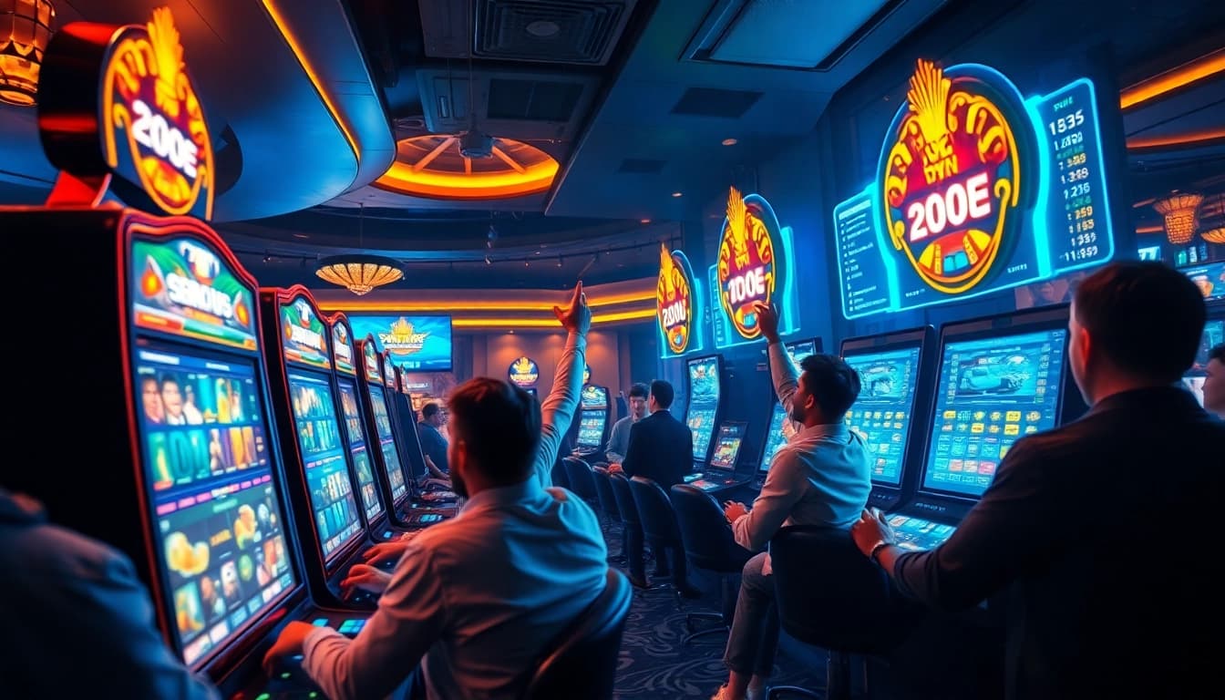 Dynamic 77win online gaming scene showcasing excitement and technology in a luxurious casino setting.