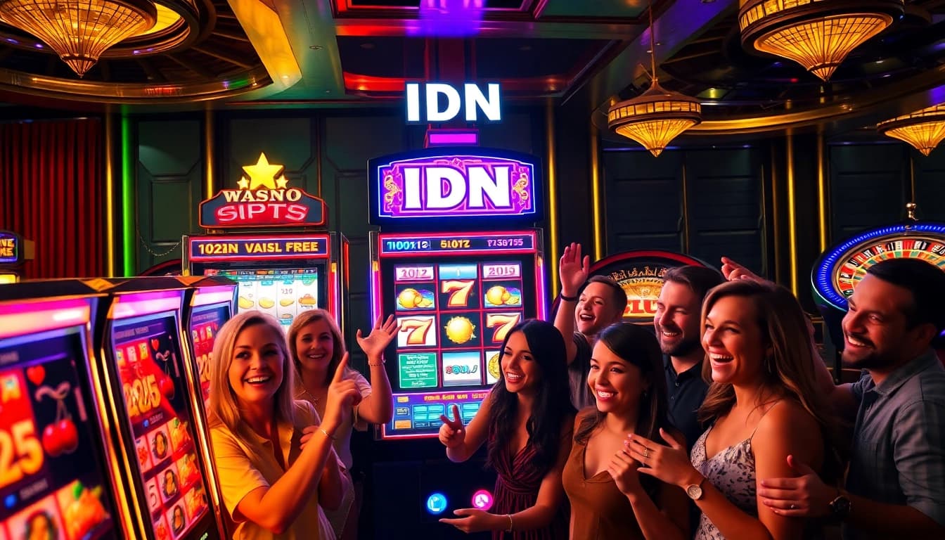 Players enjoying the excitement of idn slot machines at a luxurious casino.