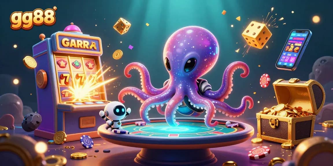 Engage with the thrill of gg88 as an alien octopus spins a jackpot poker table in vibrant space.