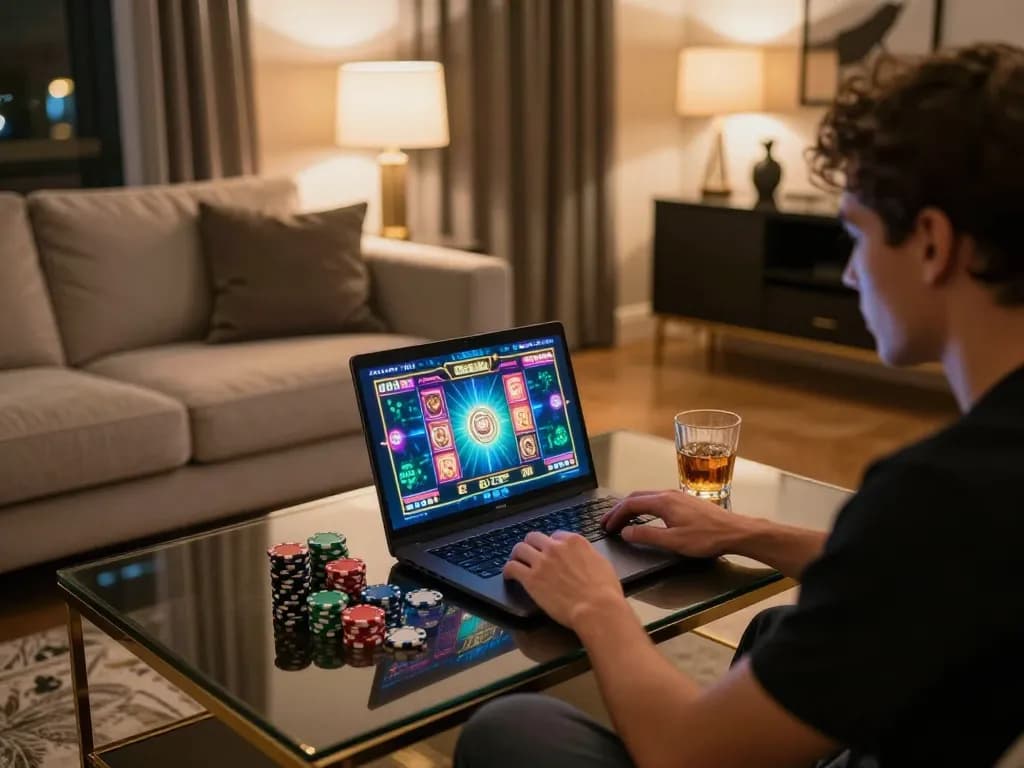 Player enjoying MPOSPORT online slots on a laptop with cozy home setup