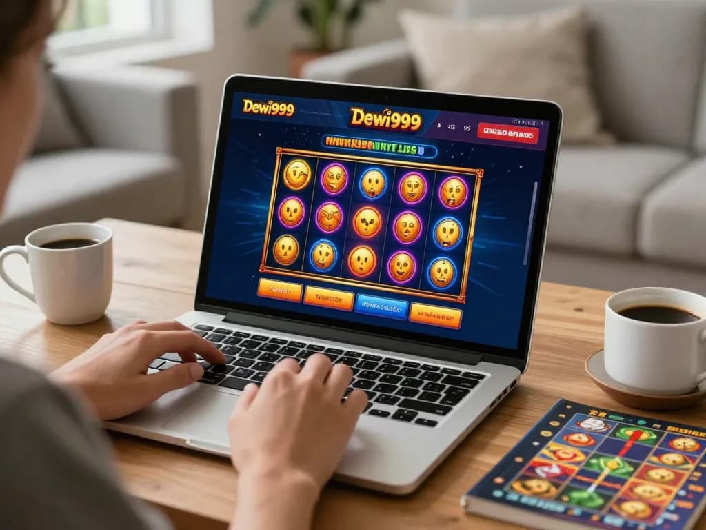 Gambaran permainan online Dewi999 yang menunjukkan seorang pemain berinteraksi dengan permainan slot di laptop, menekankan kenyamanan dan keterlibatan.
