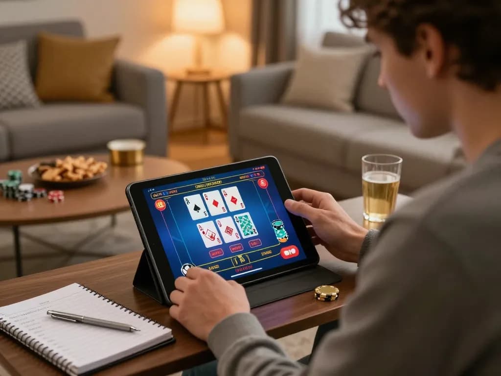 "X88 online gaming session at home, player engaging with live dealer game on tablet amidst a cozy setting."