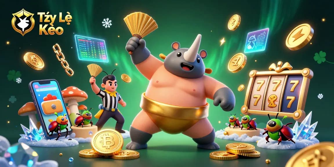 Experience the excitement of Tỷ Lệ Kèo with a dynamic illustration showcasing a beetle champion amidst gambling elements and crypto coins.