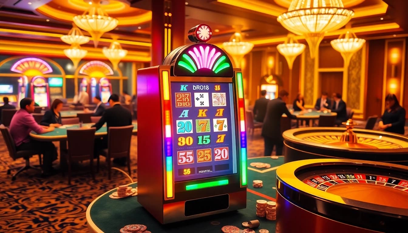 Experience the excitement of BRO138 slot with vibrant casino visuals, featuring players and a roulette wheel.