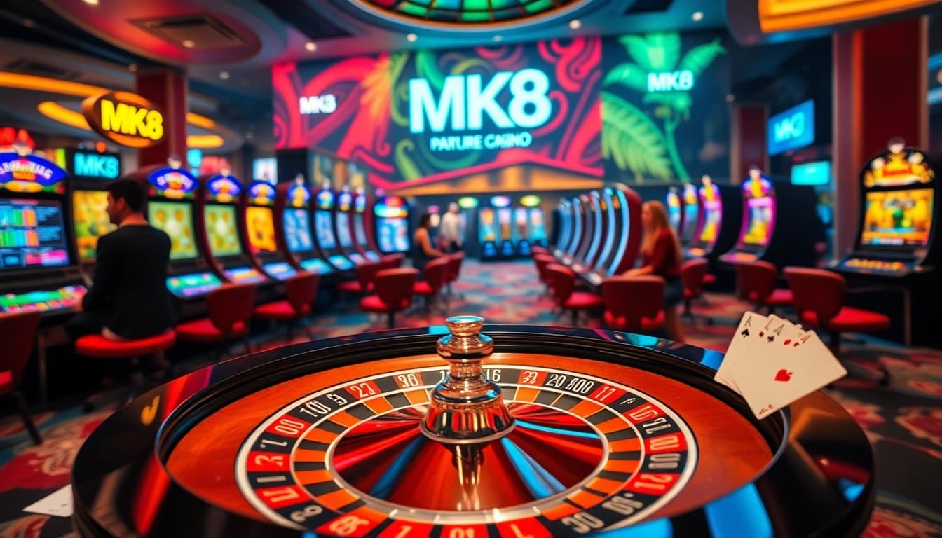 Experience thrill with MK8 เครดิตฟรี at a vibrant online casino featuring roulette, cards, and poker chips.