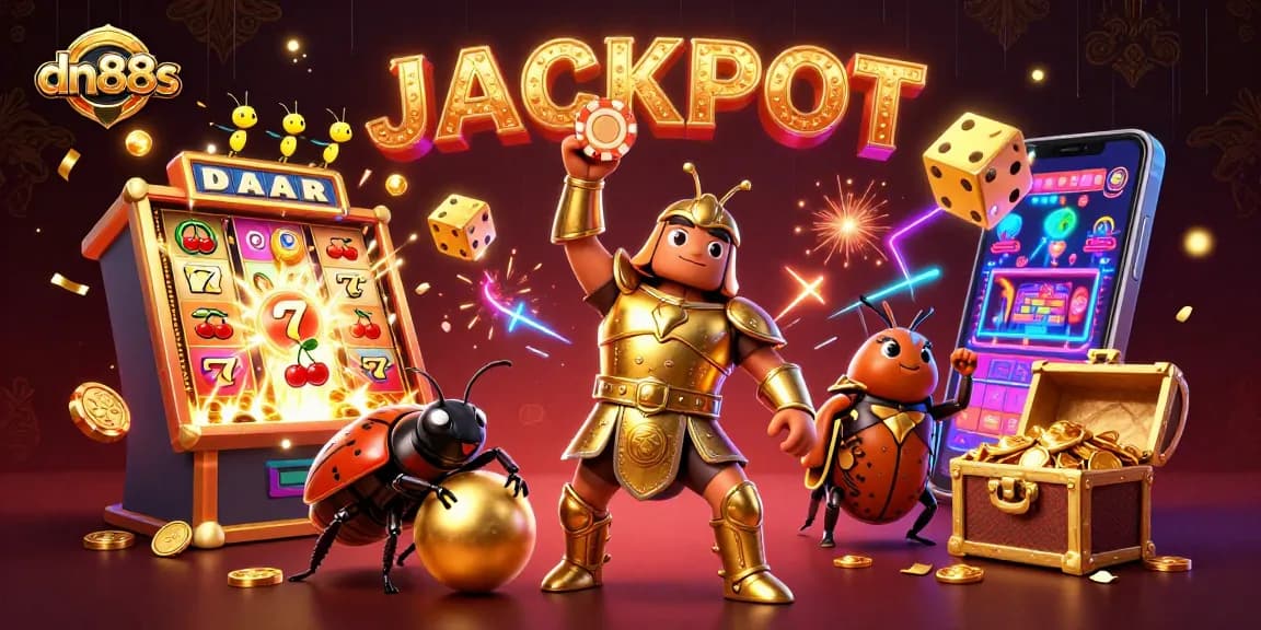 Experience the ultimate gaming adventure with dn88s as a victorious beetle and friends celebrate a jackpot!