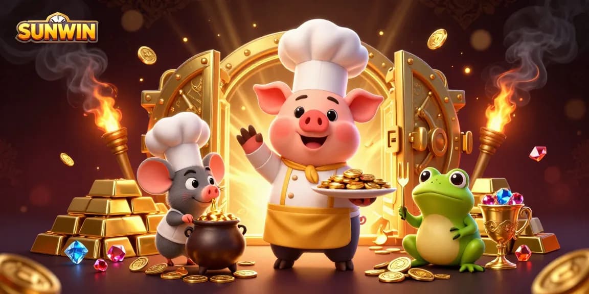 SUNWIN offers a vibrant casino scene with a chef pig and critters celebrating wealth and winning games.