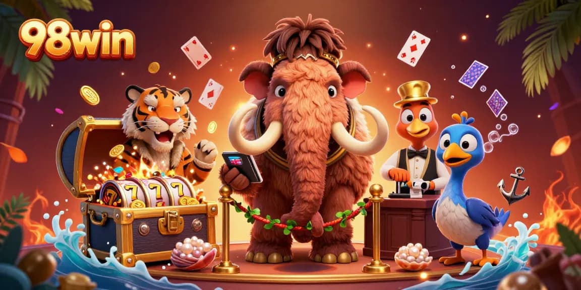 Experience the vibrant world of 98win with engaging characters and slot game elements.