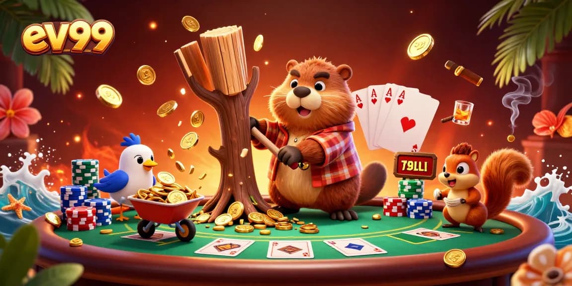 Chop golden coin-rich trees with ev99 characters at an energetic casino scene.